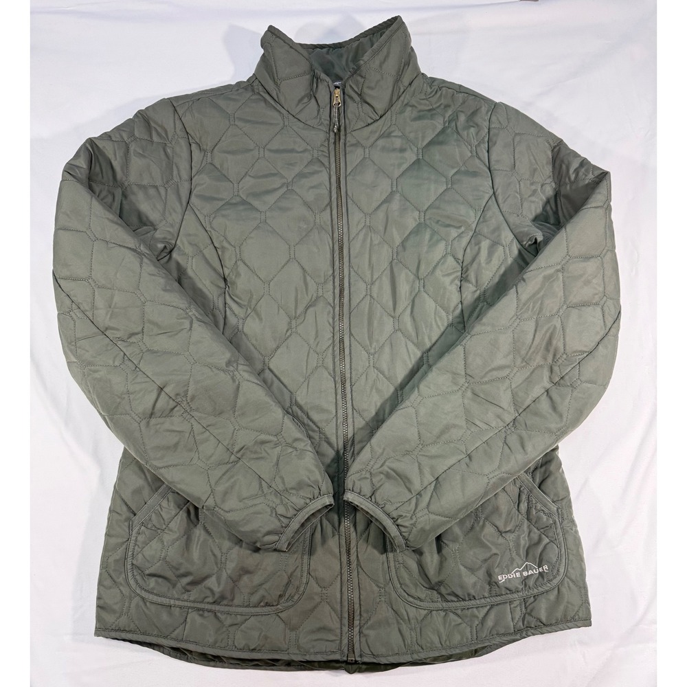 Eddie Bauer Womens Olive Green Diamond Quilted Full Zip Puffer Jacket Size M